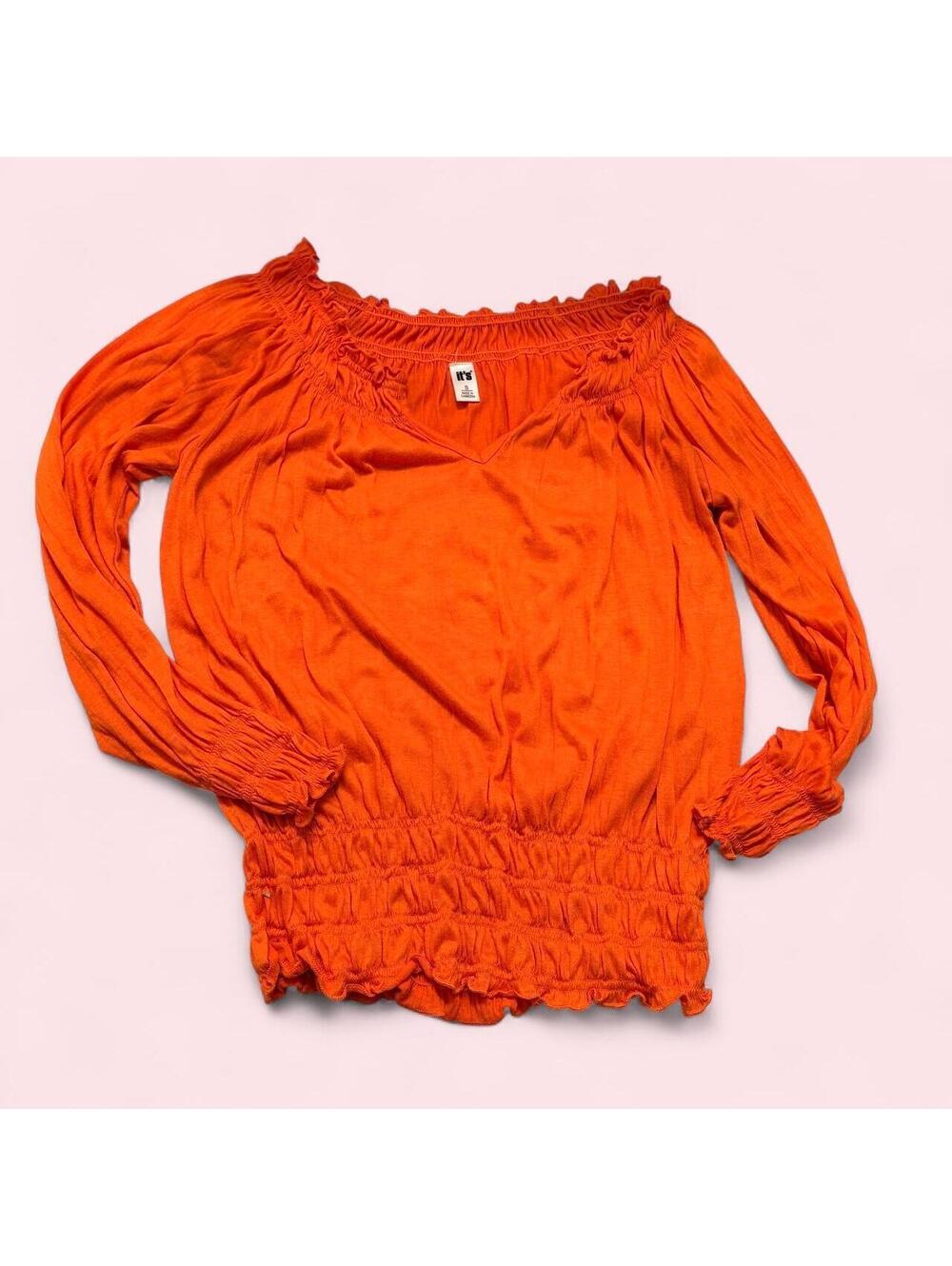 Fitted Orange V Neck long sleeve Blouse with Cinched Bottom